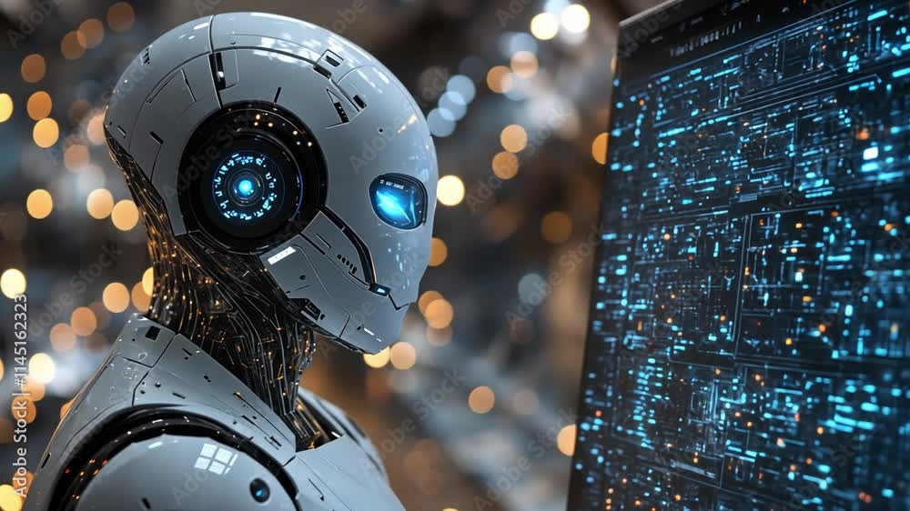 Poster robot interacting with advanced digital interface in a futuristic environment