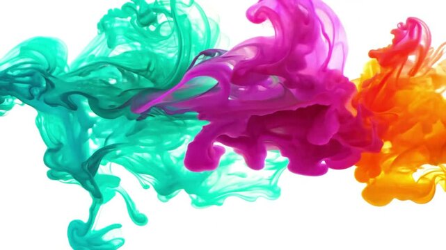 Colorful ink clouds are expanding and mixing in water, creating beautiful abstract patterns against a clean white backdrop