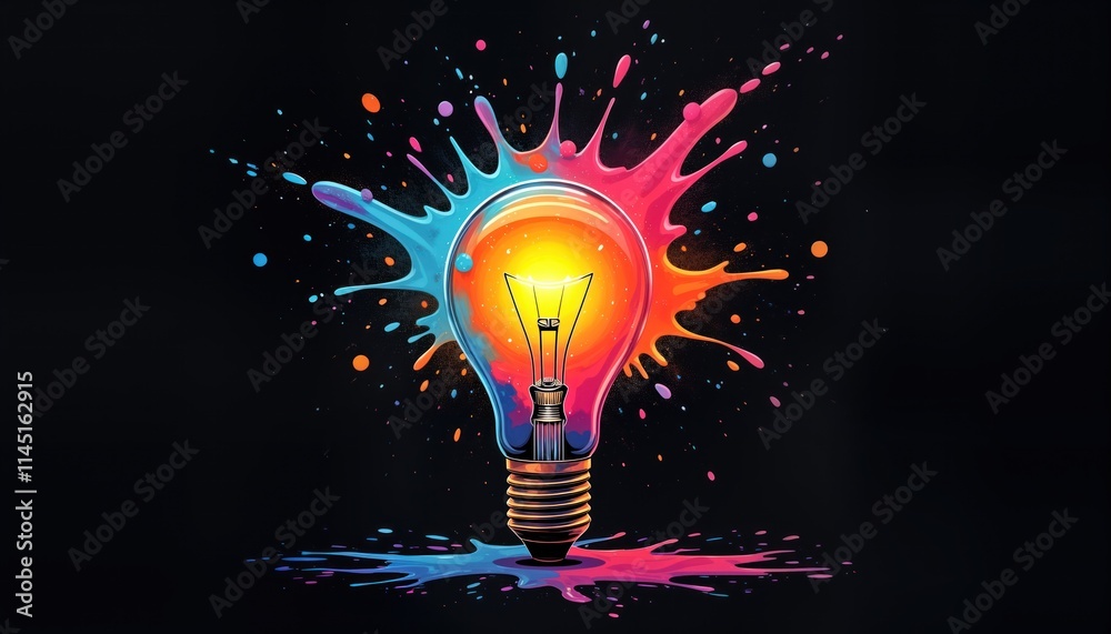Poster Vibrant light bulb explodes with colorful paint splashes on black background. Creative energy, unique ideas burst forth. Dynamic visual expression innovation, different thinking. Colorful explosion