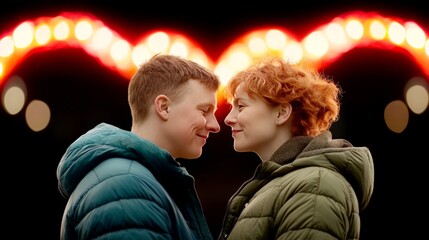 Romantic same-sex couple sharing a tender moment under vibrant neon heart lights capturing inclusivity love and modern romance in an urban setting