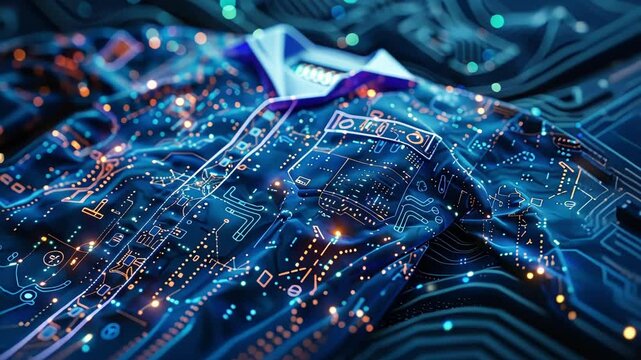 Futuristic clothing featuring glowing electronic circuits and microchips integrated into the fabric represents the potential of wearable technology and smart textiles