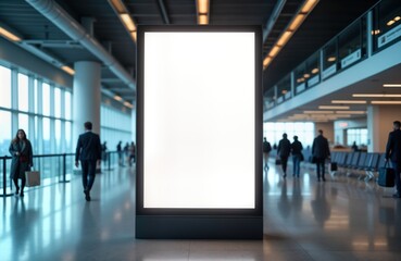 Empty blank billboard mockup in airport terminal. People walk in background. Modern architecture. Commercial display for advertising. Mockup for design purposes. Business environment. Interior of