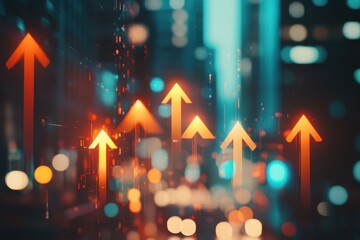Arrows pointing upwards against a blurred city background, representing a business growth and success concept Generative AI