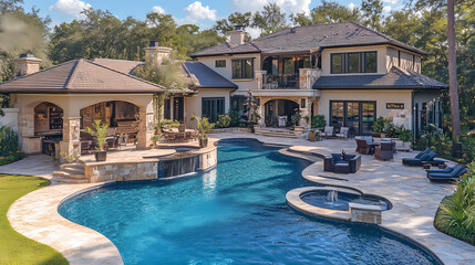Stunning drone aerial shot captures sprawling luxurious backyard oasis sparkling blue pool outdoor kitchen entertainment space boosting home sale potential. Oasis. Illustration