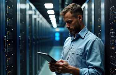 Man in data center checks digital tablet. Tech support specialist checking server details. Inside large tech facility. Examines tech information. Cloud computing professional in data processing