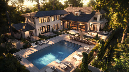 Stunning drone aerial shot captures sprawling luxurious backyard oasis sparkling blue pool outdoor kitchen entertainment space boosting home sale potential. Oasis. Illustration