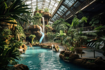 Fototapeta premium Indoor water park. Amusement park. Tropical-themed water park. Palm trees, rivers, tube water slides, swimming pools. Summer fun. Hotel and luxury resort