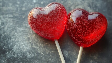 Heart shaped Lollipops in Vibrant Red Color on a Textured Surface. Generative AI