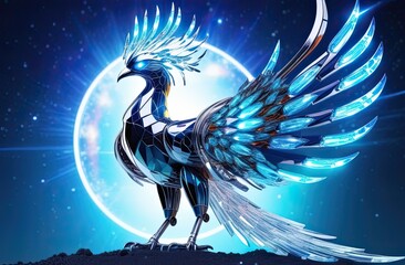 Stunning depiction of a futuristic, robotic bird with a sleek metallic body and bright blue luminescent wings, illuminated by a glowing background, symbolizing innovation and technological beauty