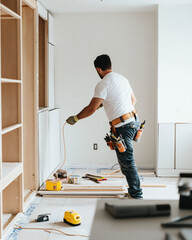 remodeling expert removing built-in cabinets, organized workspace