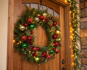 christmas wreath on wooden background