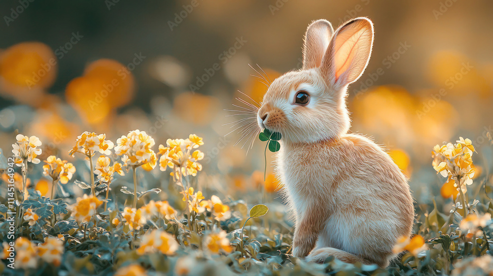 Wall mural A playful baby rabbit chewing on a clover in a field of lush green grass,