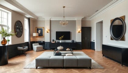 Modern Elegance Rich Interior of Homes with luxurious textures, sleek finishes, and sophisticated color palettes. The skirting boards are painted in matte black