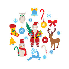 Merry Christmas Circle Objects Set. Vector Illustration of Happy New Year Holiday Concept. Winter Seasonal Greetings. Flat Style. Isolated over White.