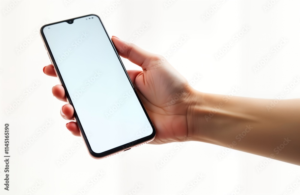Poster female hand holds smartphone with blank screen. modern device in hand. isolated white background. te
