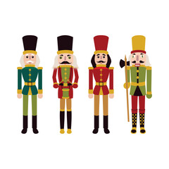 Nutcracker Soldier Object Set. Vector Illustration of Merry Christmas and Happy New Year Holiday Concept. Drummer and Lumberjack. Flat Style. Isolated over White.