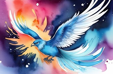 A vivid watercolor painting of a blue bird soaring gracefully with wings wide open, surrounded by a burst of colorful splashes in the background, creating a dynamic sense of movement