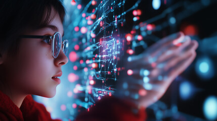 Young girl interacting with digital technology in a futuristic environment