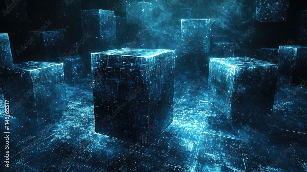 Wall mural digital cubes in dark cyberspace, futuristic data blocks with cyber energy like tech innovation, abs