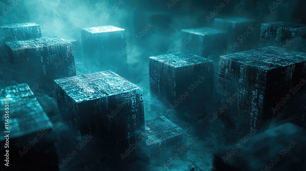 Sticker digital cubes in dark cyberspace, futuristic data blocks with cyber energy like tech innovation, abs