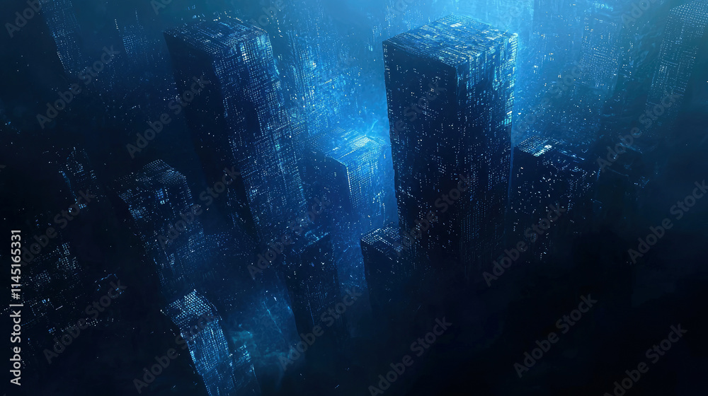 Wall mural digital blocks with cyber energy in dark cyberspace, futuristic data like modern tall buildings, abs