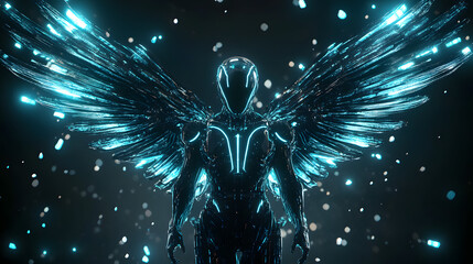 A humanoid with holographic wings and glowing blue lines covering its sleek metallic body hovering in a dark void.
