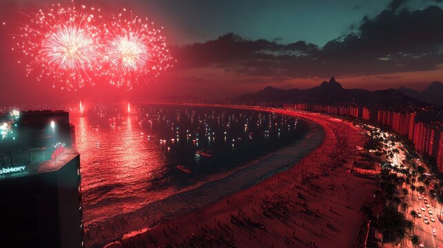 Red fireworks explode over a city beach at night.