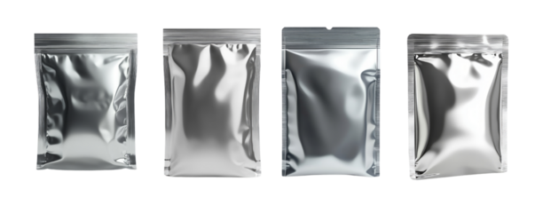 Set of clean silver pouch isolated on transparent background.
