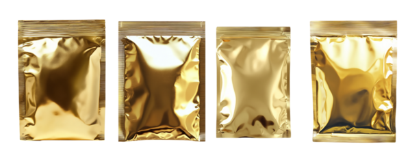 Set of clean gold pouch isolated on transparent background.
