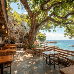 Obraz premium Scenic outdoor dining area by the sea, featuring trees and wooden tables.