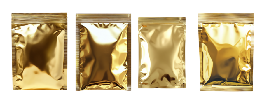 Set of clean gold pouch isolated on transparent background.