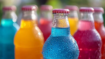 Brightly colored beverages with condensation on bottles