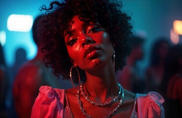 Glamorous black woman in 80s disco outfit. Stylish makeup, afro hair. Dancing in nightclub. Party atmosphere. Fashionable look. Shining accessories. Trendy disco style. Attractive model. Nightlife