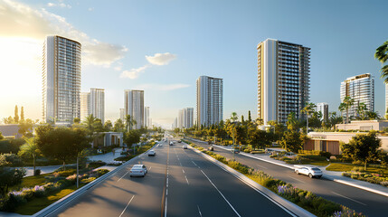 Modern buildings and passing roadway in daylight. Oasis. Illustration