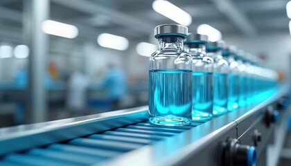 Automated conveyor line moves glass bottles filled with clear blue liquid in sterile pharmaceutical manufacturing facility. Modern tech vaccine production platform ensures fast, efficient Covid-19