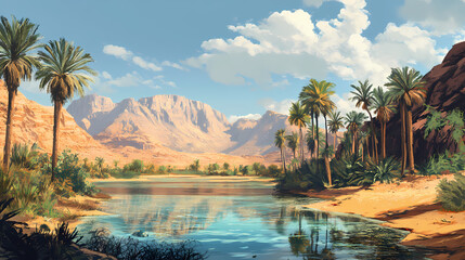 Nestled within the vast desert, a hidden oasis reveals clear waters and lush palm trees. Oasis. Illustration