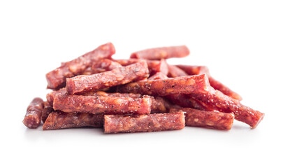 Smoked kabanos. Mini dried thin sausages isolated on white background