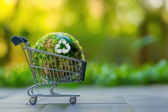 Eco-Friendly Shopping: Earth with Recycling Emblem Inside Cart - Concept of Environmental Awareness and Green Purchasing