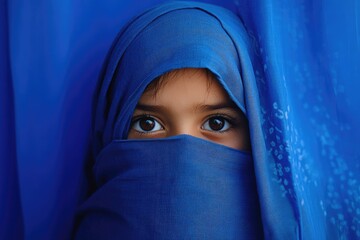 Naklejka premium Emotionally Distressed Child Concealing Face in a Blue Background, Capturing Feelings of Sadness and Loneliness