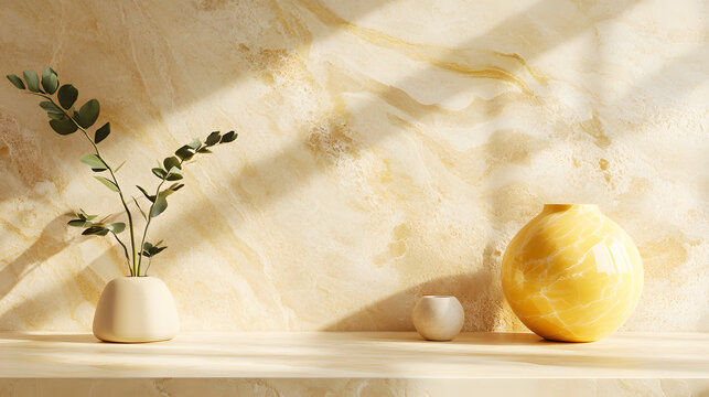 A luxurious material board combining pale wood tones beige patterns polished marble and striking yellow ceramic.