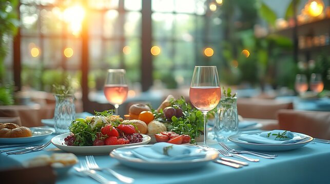 Overhead shot of a luxurious table set with premium porcelain plates polished silverware and artistic plating in a refined sophisticated environment