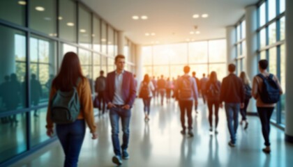 Many students walk in university hallway. Busy day at campus. Students in motion. Indoor setting with large windows. Back-to-school day regular campus day. People walking in corridor. Casual wear,