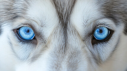 Husky face in closeup portrait, striking blue eyes and snow white fur, beautiful pet dog with wolf like features, siberian breed showcasing majestic animal beauty.