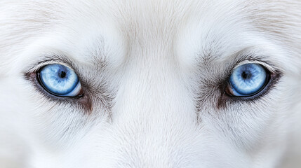 Husky face in closeup portrait, striking blue eyes and snow white fur, beautiful pet dog with wolf like features, siberian breed showcasing majestic animal beauty.