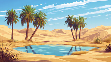 Remote desert oasis with palm trees, sand dunes, and a tranquil pool of water. Oasis. Illustration