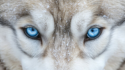 Husky face in closeup portrait, striking blue eyes and snow white fur, beautiful pet dog with wolf like features, siberian breed showcasing majestic animal beauty.