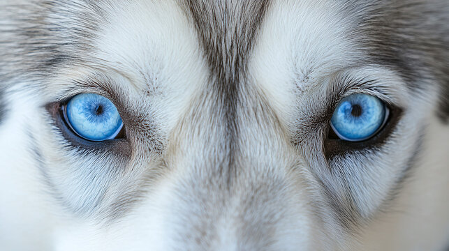 Husky face in closeup portrait, striking blue eyes and snow white fur, beautiful pet dog with wolf like features, siberian breed showcasing majestic animal beauty.