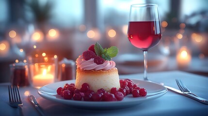 A table set for fine dining with a glass of red wine a plated dessert and polished cutlery in an intimate luxurious setting