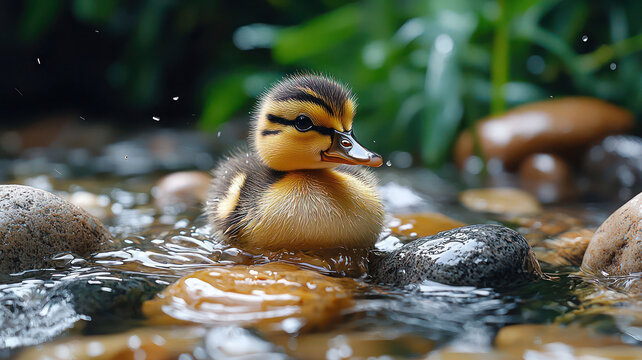 A tiny duckling exploring a shallow stream with smooth stones glistening underwater,