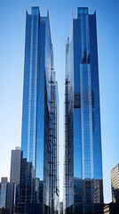 Fototapeta premium Intricate Modern Skyscraper in Vivid Urban Landscape - A Display of Architectural Excellence